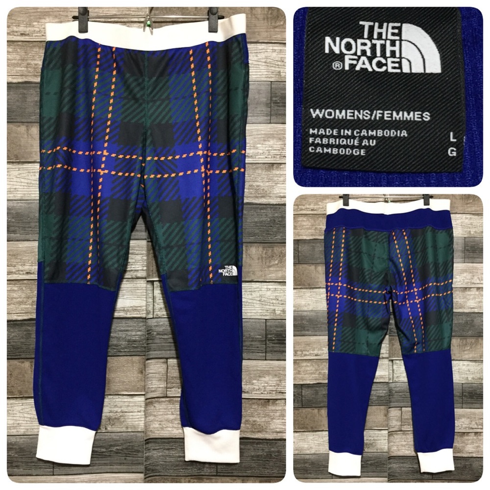 Northface Thermal Pull On Pants Women L Blue Green Plaid Lightweight Inseam 26.5